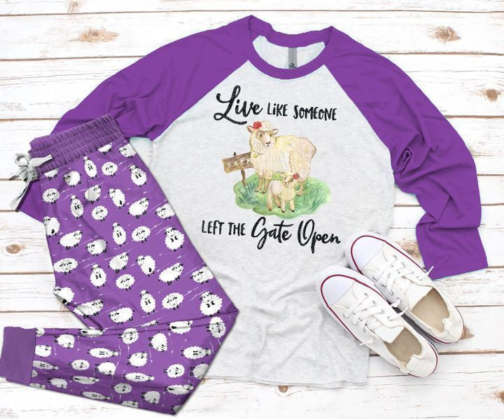 Sheep Live Like Someone Hao Purple Amazing Pajama Set |Sleepwear Pjs Sets | Raglan Shirt Pants Set