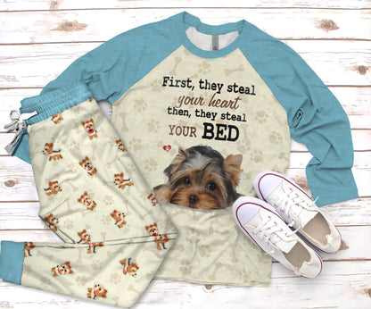 Yorkshire Terrier Bed Pajama Set |Sleepwear Pjs Sets | Raglan Shirt Pants Set