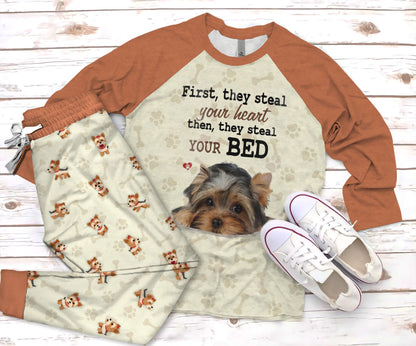 Yorkshire Terrier Bed Pajama Set |Sleepwear Pjs Sets | Raglan Shirt Pants Set