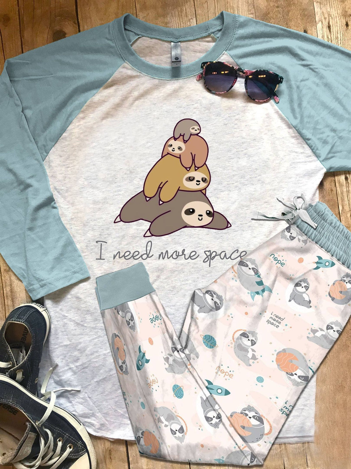 Sloth Blue Good Pajama Set |Sleepwear Pjs Sets | Raglan Shirt Pants Set