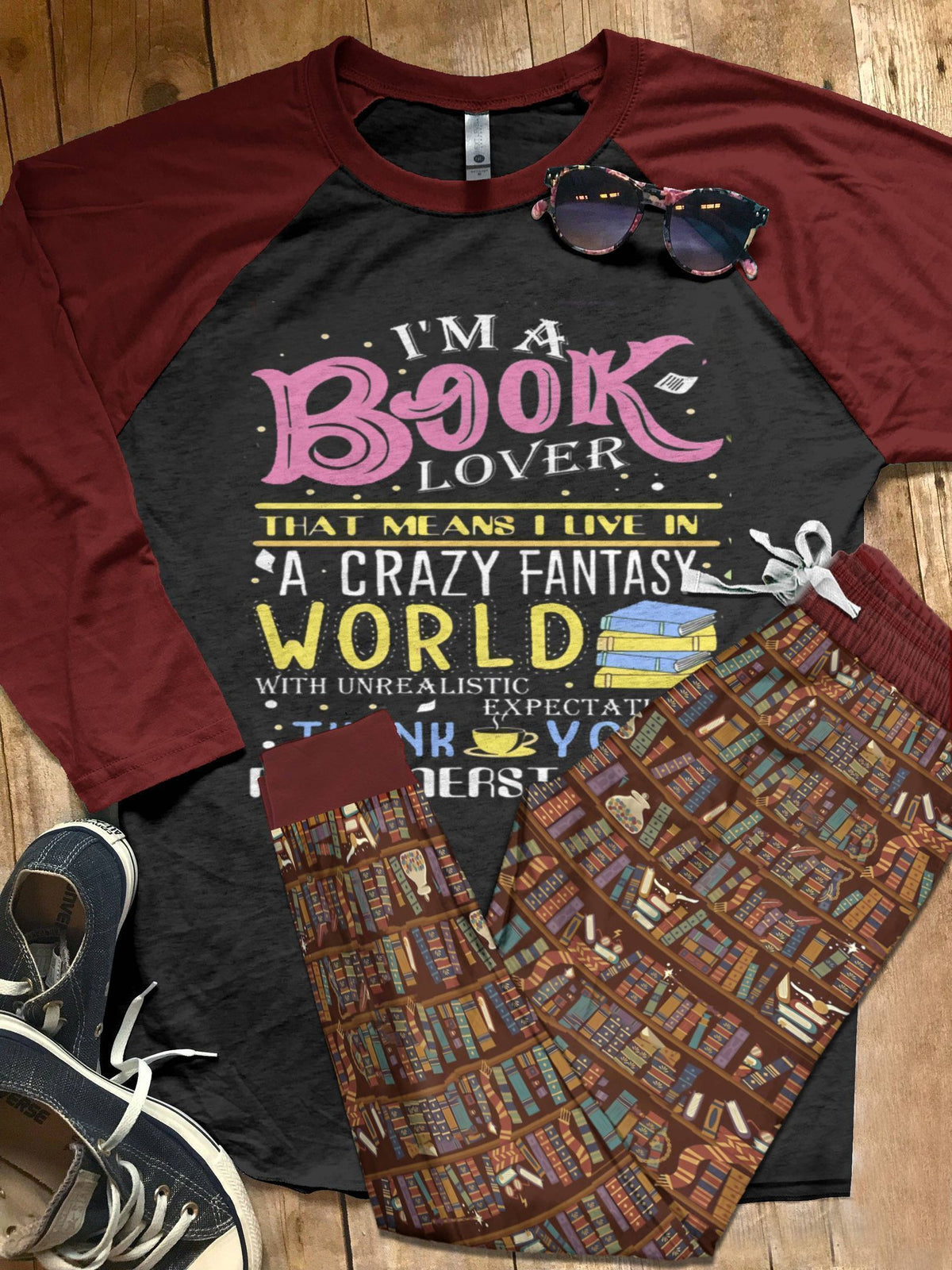 Books Burgundy High Quality Pajama Set |Sleepwear Pjs Sets | Raglan Shirt Pants Set