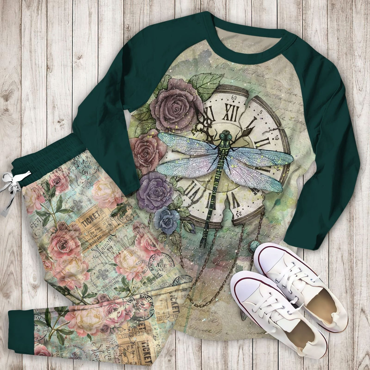 Dragonfly Dragonfly Clock Aal Pajama Set |Sleepwear Pjs Sets | Raglan Shirt Pants Set