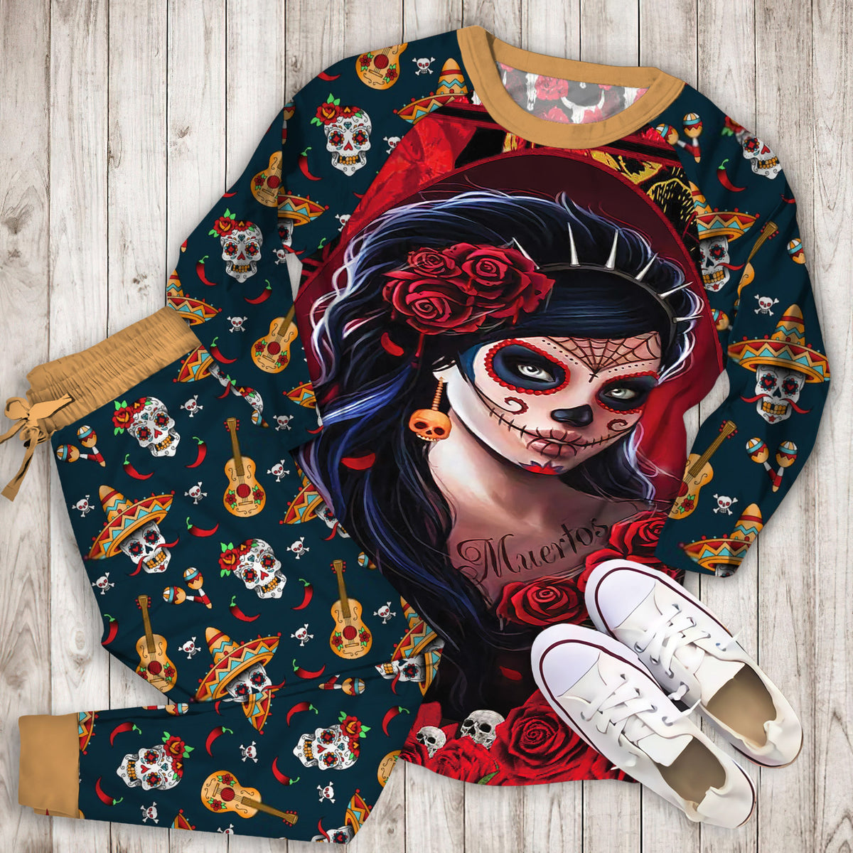 Day Of The Dead Women Pajama Set |Sleepwear Pjs Sets | Raglan Shirt Pants Set