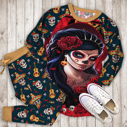 Day Of The Dead Women Pajama Set |Sleepwear Pjs Sets | Raglan Shirt Pants Set
