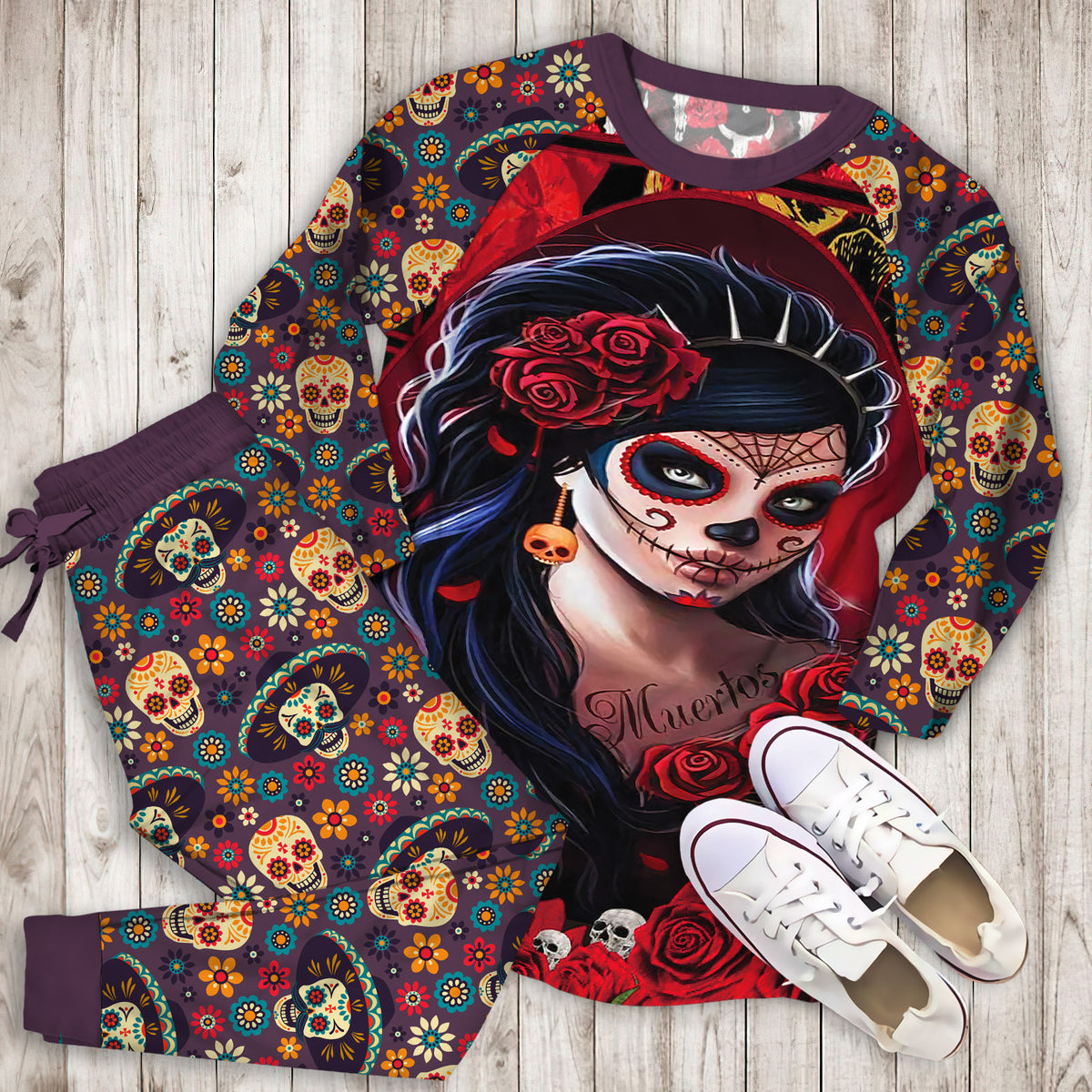 Day Of The Dead Women Pajama Set |Sleepwear Pjs Sets | Raglan Shirt Pants Set
