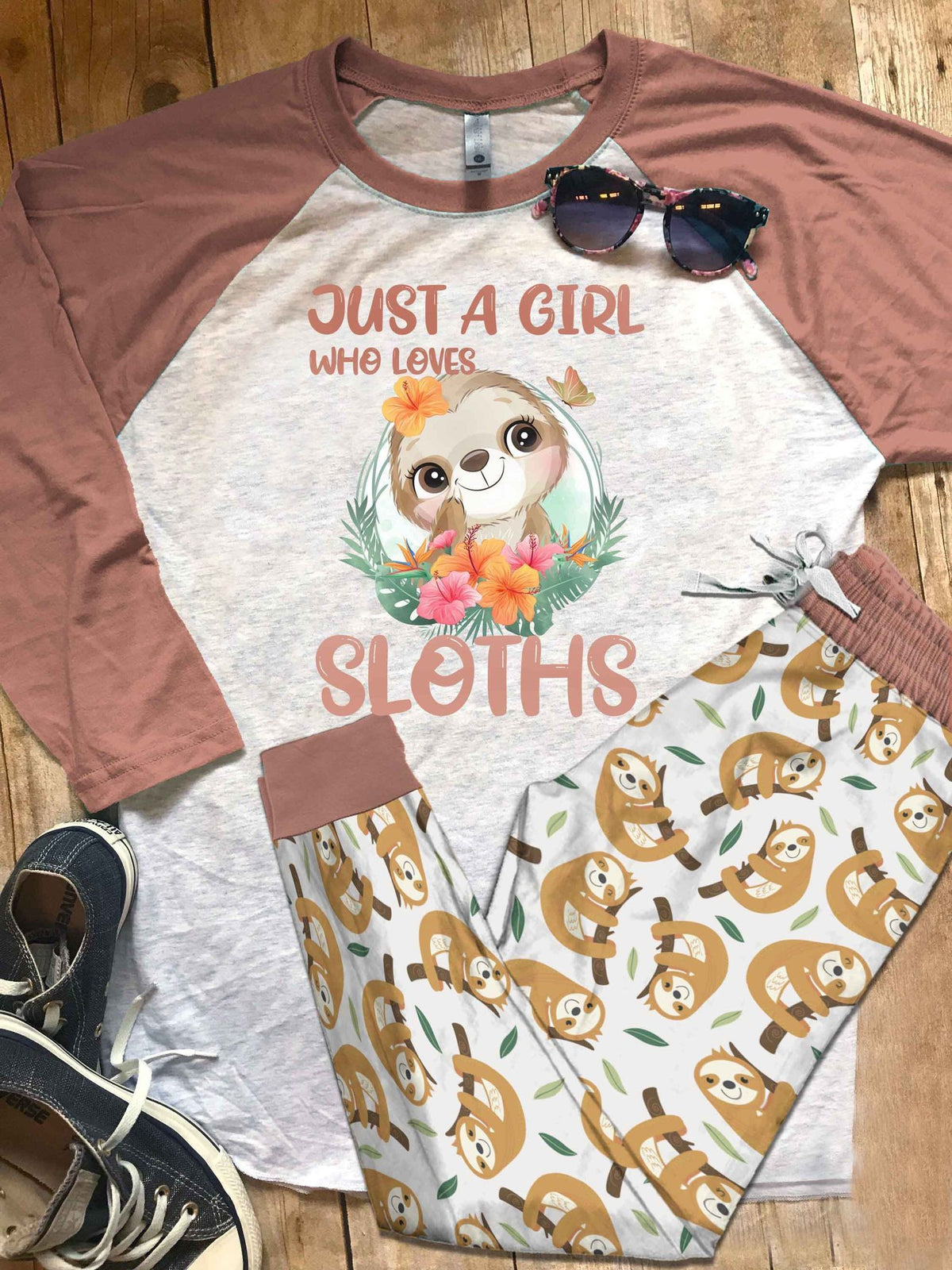 Sloth Set Just A Girl Who Loves Sloths Pajama Set |Sleepwear Pjs Sets | Raglan Shirt Pants Set