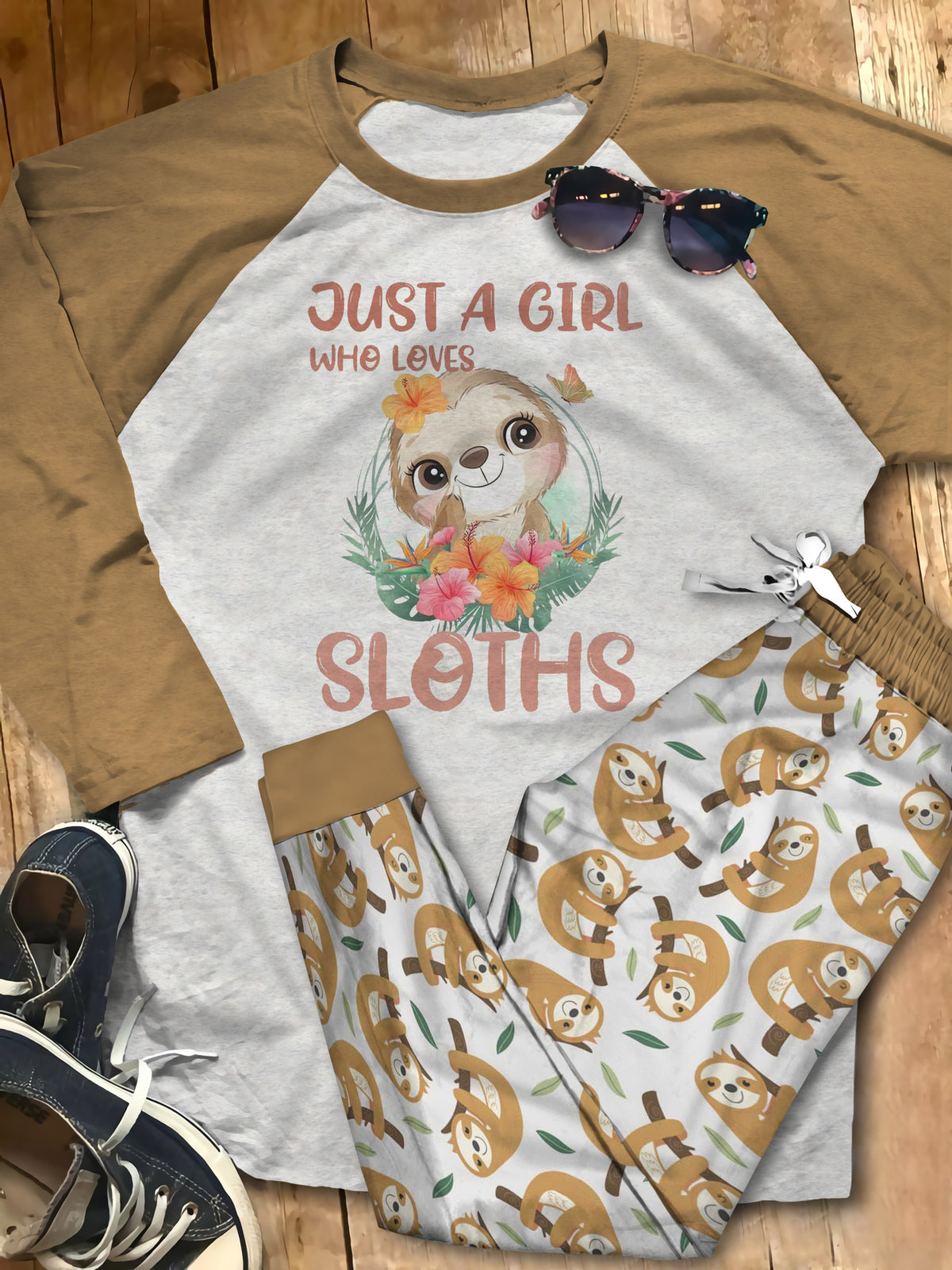 Sloth Set Just A Girl Who Loves Sloths Pajama Set |Sleepwear Pjs Sets | Raglan Shirt Pants Set