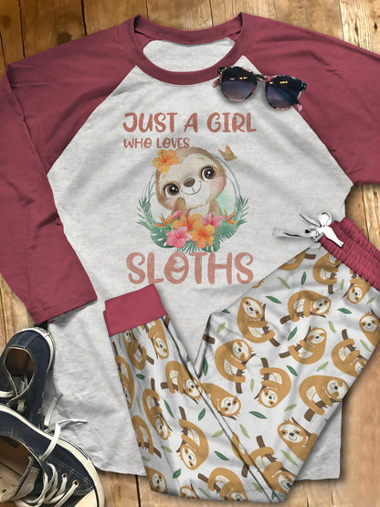 Sloth Set Just A Girl Who Loves Sloths Pajama Set |Sleepwear Pjs Sets | Raglan Shirt Pants Set