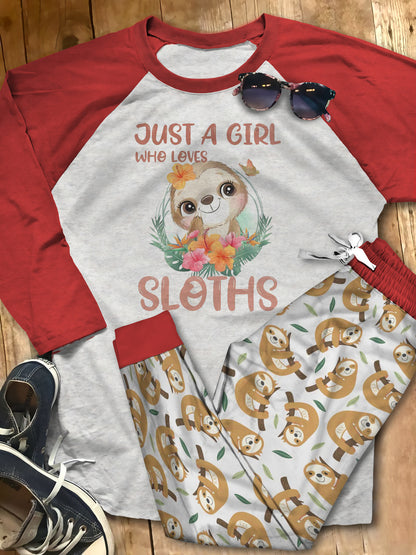 Sloth Set Just A Girl Who Loves Sloths Pajama Set |Sleepwear Pjs Sets | Raglan Shirt Pants Set