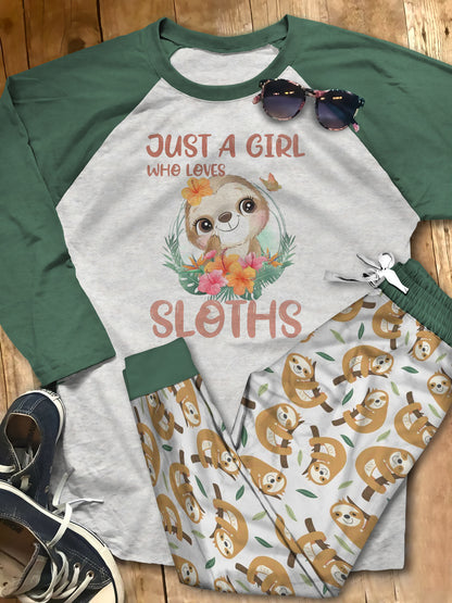 Sloth Set Just A Girl Who Loves Sloths Pajama Set |Sleepwear Pjs Sets | Raglan Shirt Pants Set