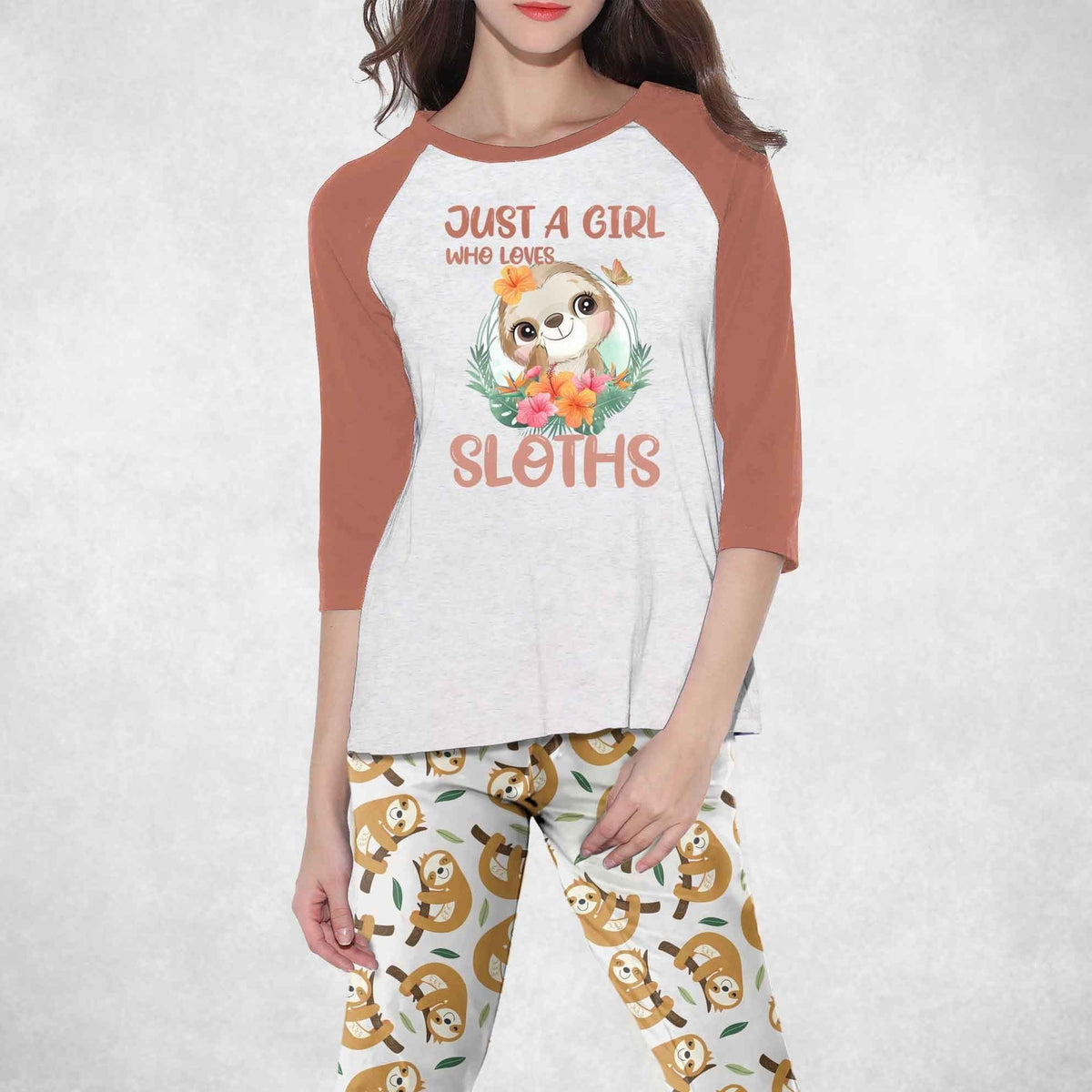 Sloth Set Just A Girl Who Loves Sloths Pajama Set |Sleepwear Pjs Sets | Raglan Shirt Pants Set