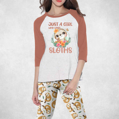 Sloth Set Just A Girl Who Loves Sloths Pajama Set |Sleepwear Pjs Sets | Raglan Shirt Pants Set