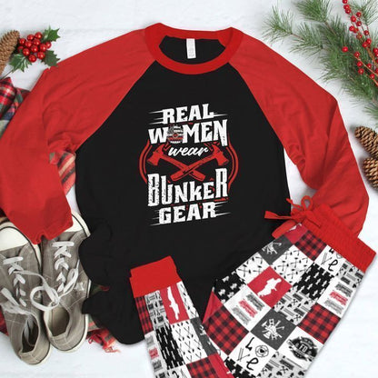 Firefighter Real Women Wear Bunker Gear Red Nice Pajama Set |Sleepwear Pjs Sets | Raglan Shirt Pants Set