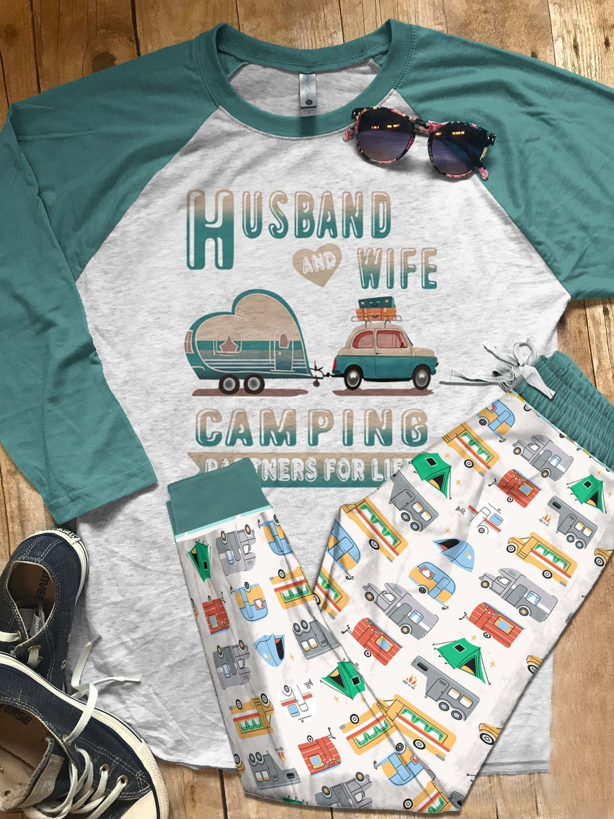 Camping Set Camping Husband And Wife Colors Pajama Set |Sleepwear Pjs Sets | Raglan Shirt Pants Set