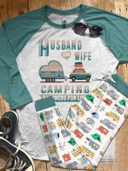Camping Set Camping Husband And Wife Colors Pajama Set |Sleepwear Pjs Sets | Raglan Shirt Pants Set
