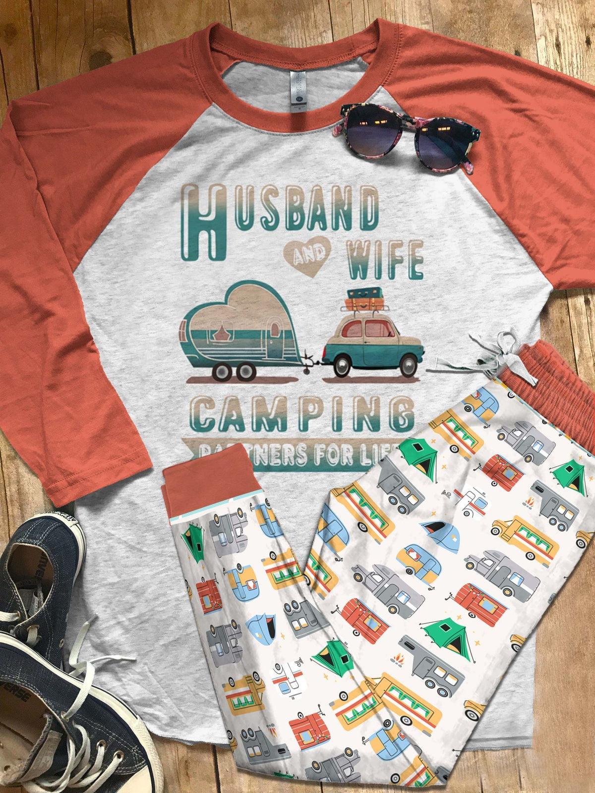 Camping Set Camping Husband And Wife Colors Pajama Set |Sleepwear Pjs Sets | Raglan Shirt Pants Set