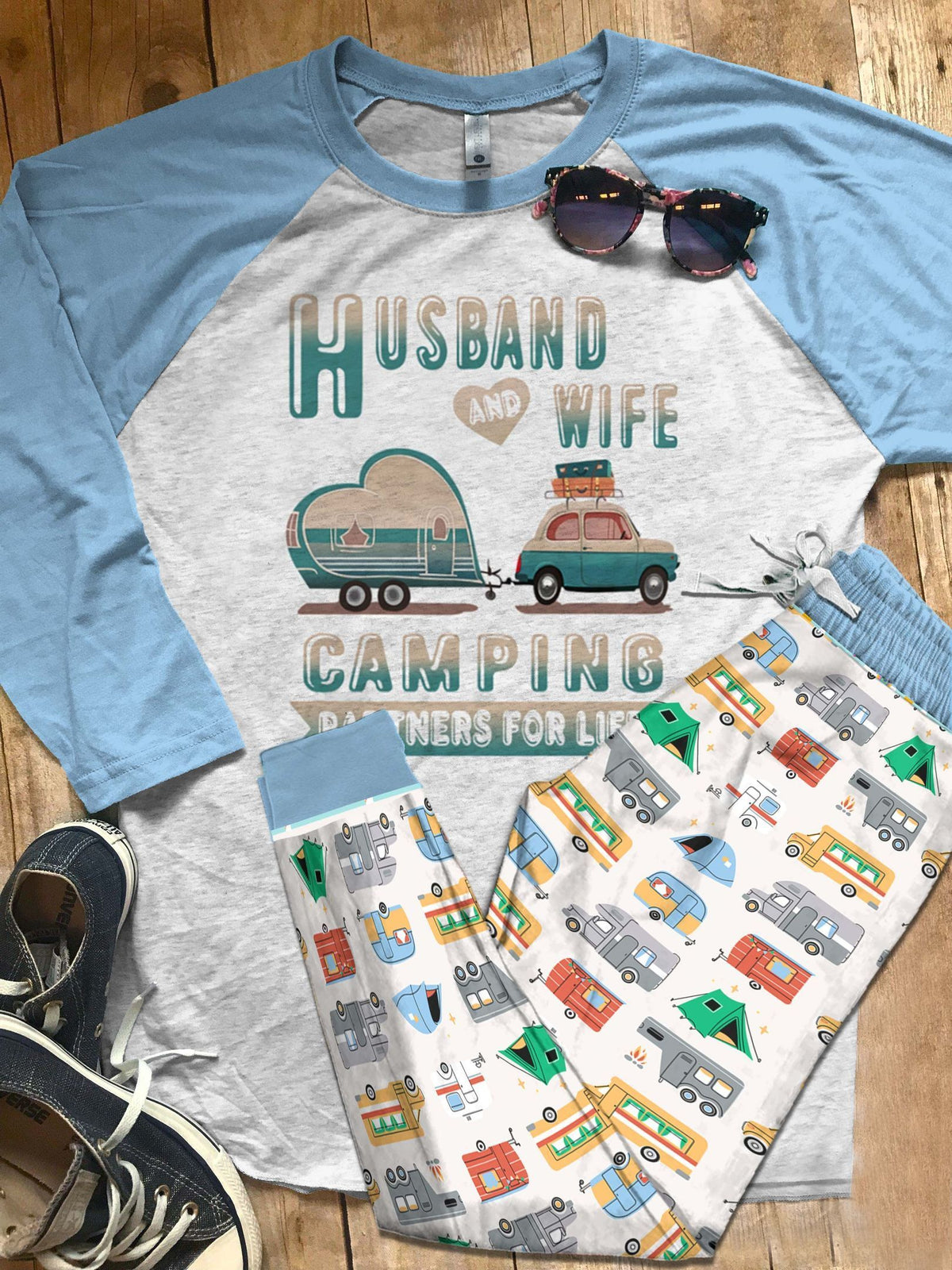 Camping Set Camping Husband And Wife Colors Pajama Set |Sleepwear Pjs Sets | Raglan Shirt Pants Set