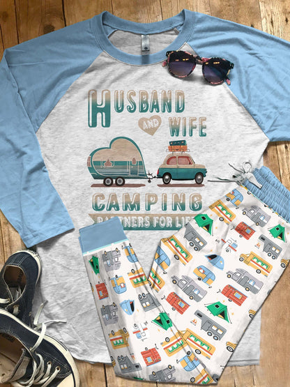 Camping Set Camping Husband And Wife Colors Pajama Set |Sleepwear Pjs Sets | Raglan Shirt Pants Set