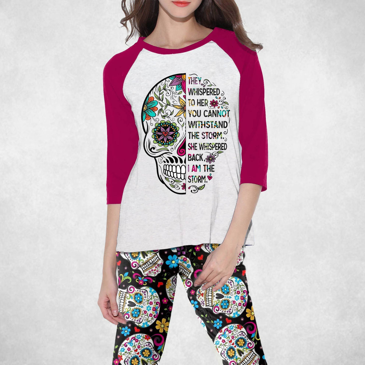 Skull Set Sugar Skull Pajama Set |Sleepwear Pjs Sets | Raglan Shirt Pants Set