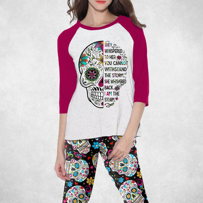 Skull Set Sugar Skull Pajama Set |Sleepwear Pjs Sets | Raglan Shirt Pants Set