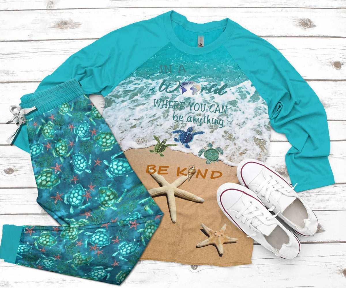 Sea Turtle Teal Unique Pajama Set |Sleepwear Pjs Sets | Raglan Shirt Pants Set