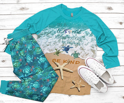 Sea Turtle Teal Unique Pajama Set |Sleepwear Pjs Sets | Raglan Shirt Pants Set