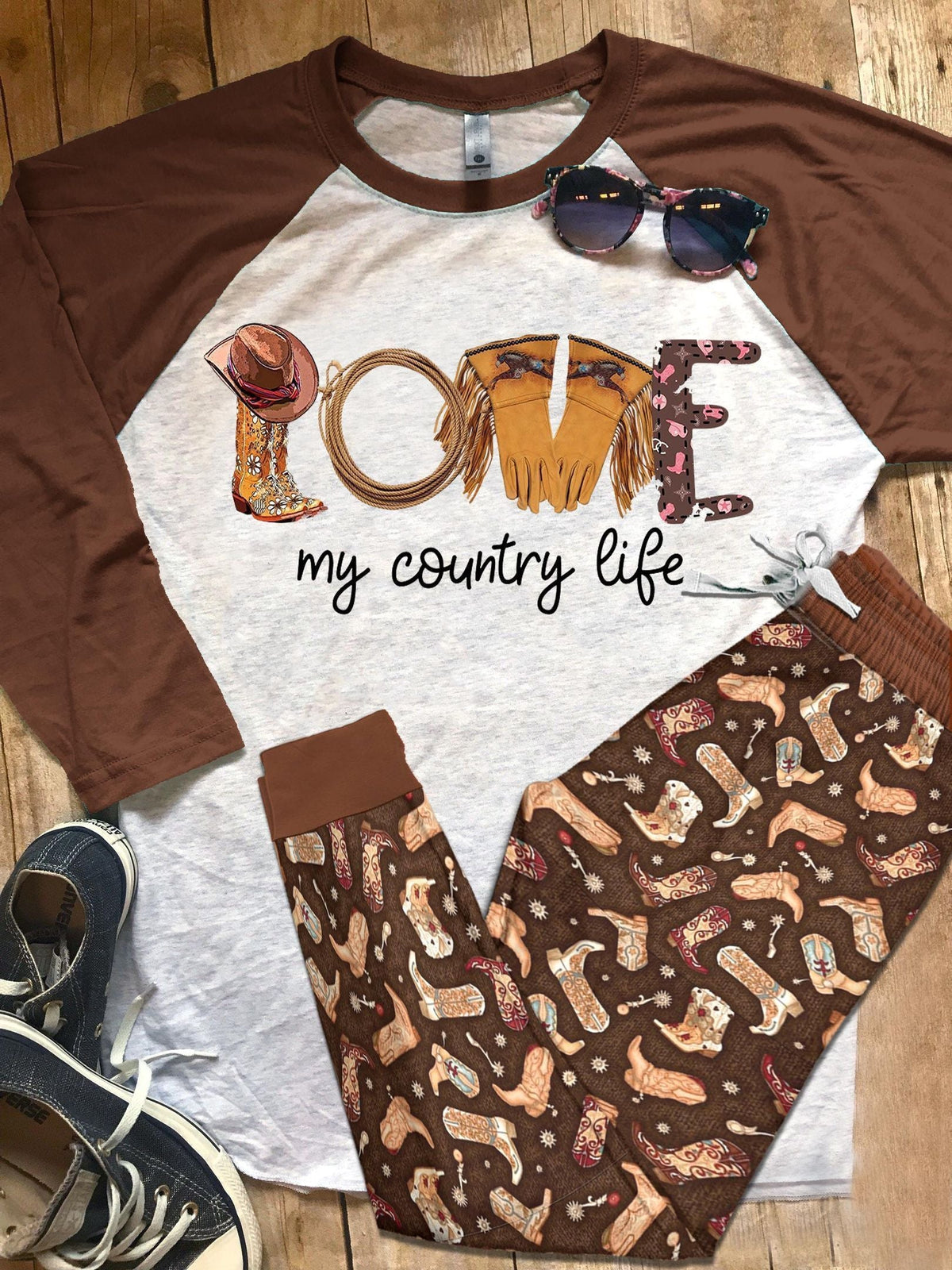 Cowgirl Love My Country Life Brown Unique Pajama Set |Sleepwear Pjs Sets | Raglan Shirt Pants Set