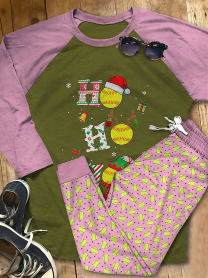 Softball Hohoho Christmas Pajama Set |Sleepwear Pjs Sets | Raglan Shirt Pants Set
