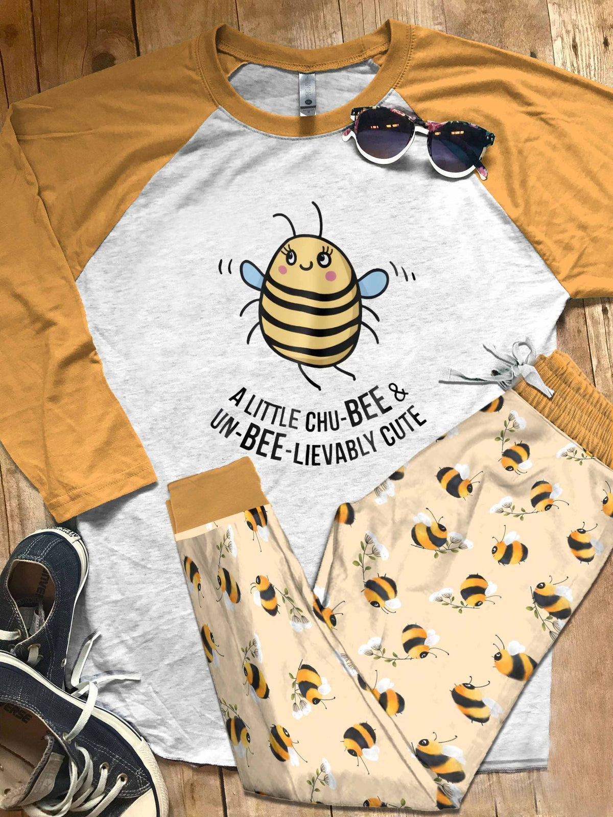 Bee Yellow Unique Pajama Set |Sleepwear Pjs Sets | Raglan Shirt Pants Set