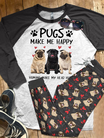 Pug Set Pugs Make Me Happy Pajama Set |Sleepwear Pjs Sets | Raglan Shirt Pants Set