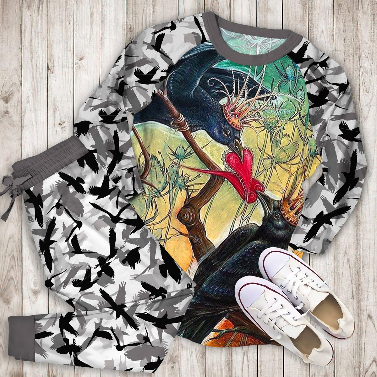 Crow Pajama Set |Sleepwear Pjs Sets | Raglan Shirt Pants Set