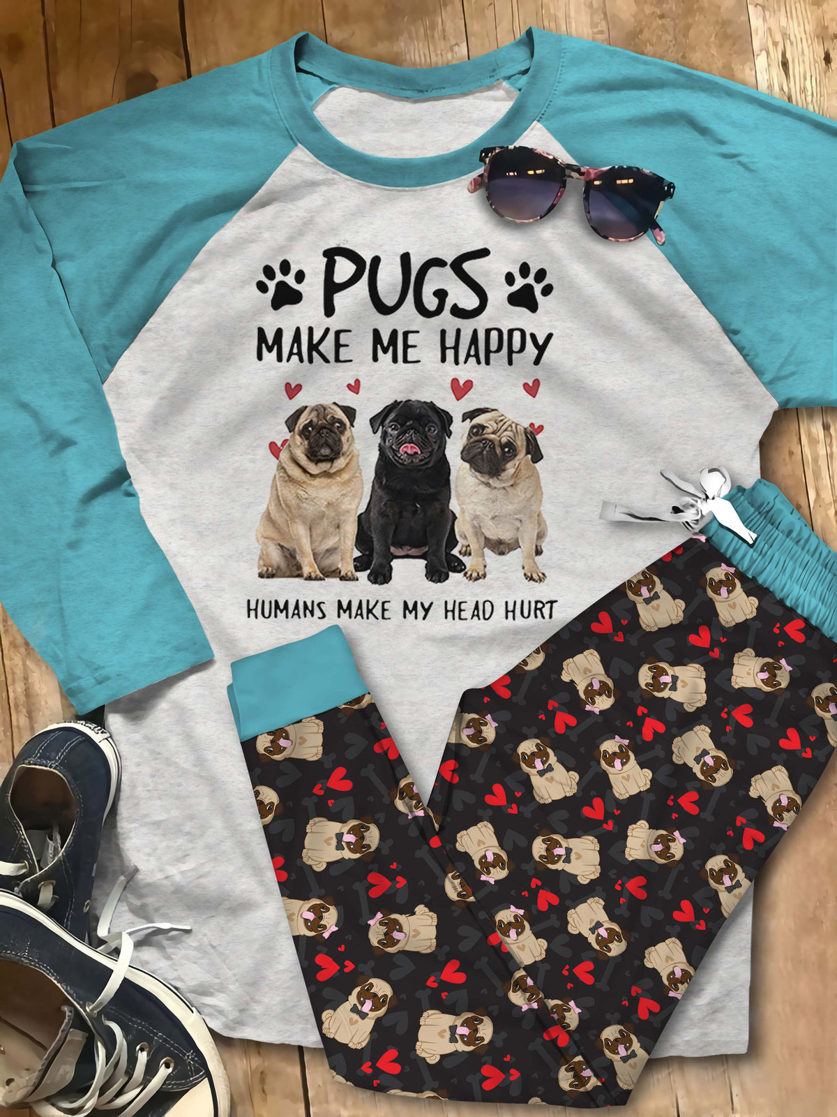 Pug Set Pugs Make Me Happy Pajama Set |Sleepwear Pjs Sets | Raglan Shirt Pants Set