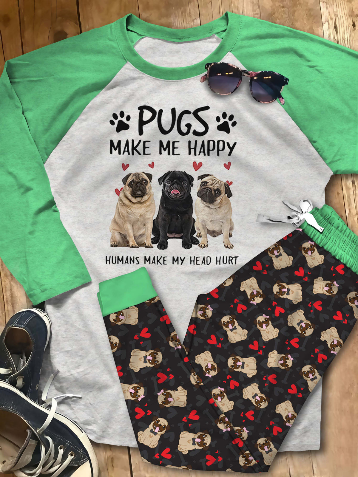 Pug Set Pugs Make Me Happy Pajama Set |Sleepwear Pjs Sets | Raglan Shirt Pants Set