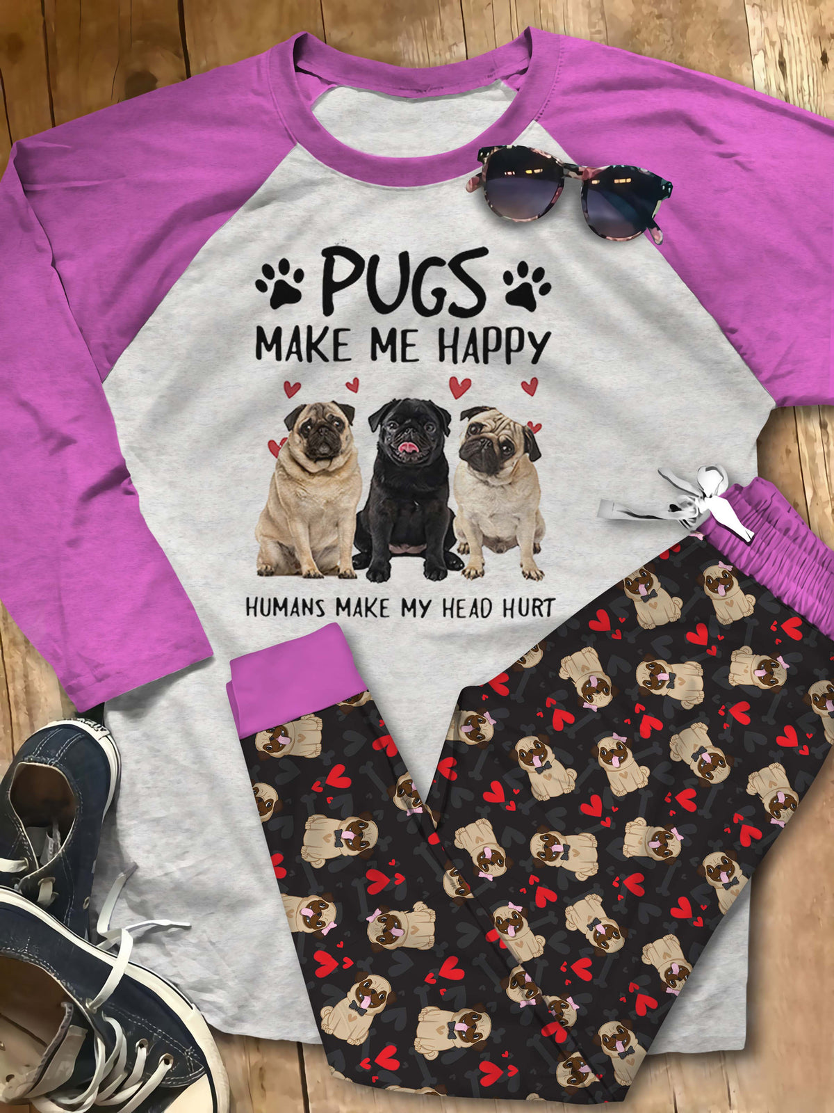 Pug Set Pugs Make Me Happy Pajama Set |Sleepwear Pjs Sets | Raglan Shirt Pants Set