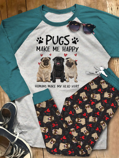 Pug Set Pugs Make Me Happy Pajama Set |Sleepwear Pjs Sets | Raglan Shirt Pants Set