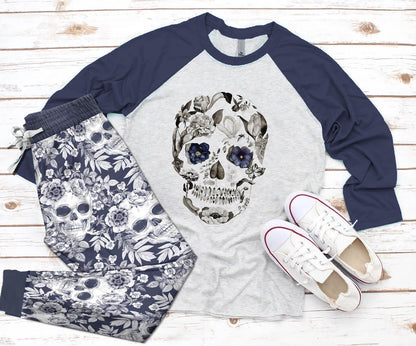 Skull Navy Good Pajama Set |Sleepwear Pjs Sets | Raglan Shirt Pants Set