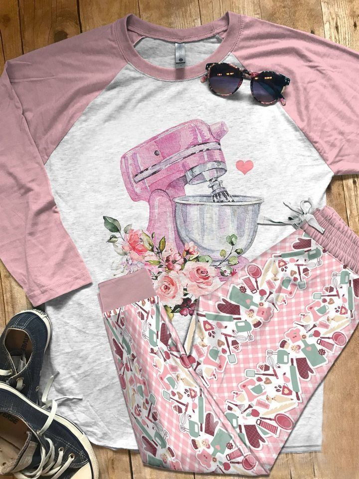 Baking Set Baking Is My Therapy Pink Best Pajama Set |Sleepwear Pjs Sets | Raglan Shirt Pants Set