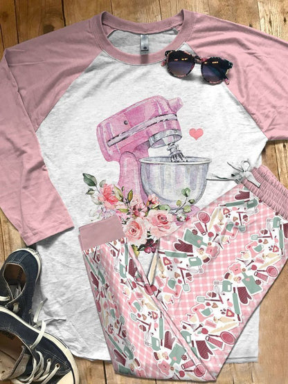 Baking Set Baking Is My Therapy Pink Best Pajama Set |Sleepwear Pjs Sets | Raglan Shirt Pants Set