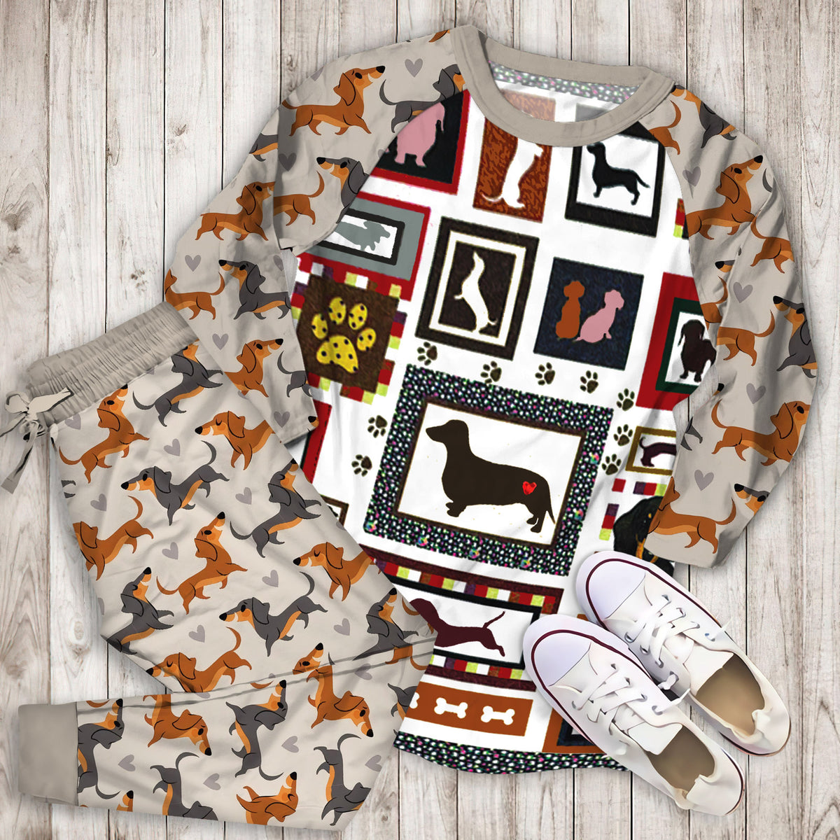 Dachshund Pajama Set | Pajamas | Cotton Sleepwear Sets | Soft Long Sleeve Pjs | Raglan Shirt and Pants Set