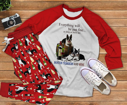 Boston Terrier Wine Red Red Amazing Pajama Set |Sleepwear Pjs Sets | Raglan Shirt Pants Set