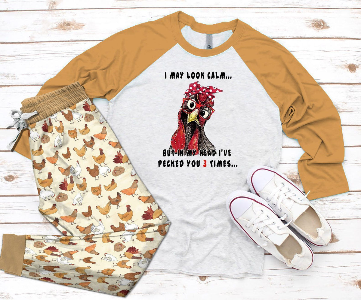 Chicken I May Look Calm Tan Awesome Pajama Set |Sleepwear Pjs Sets | Raglan Shirt Pants Set