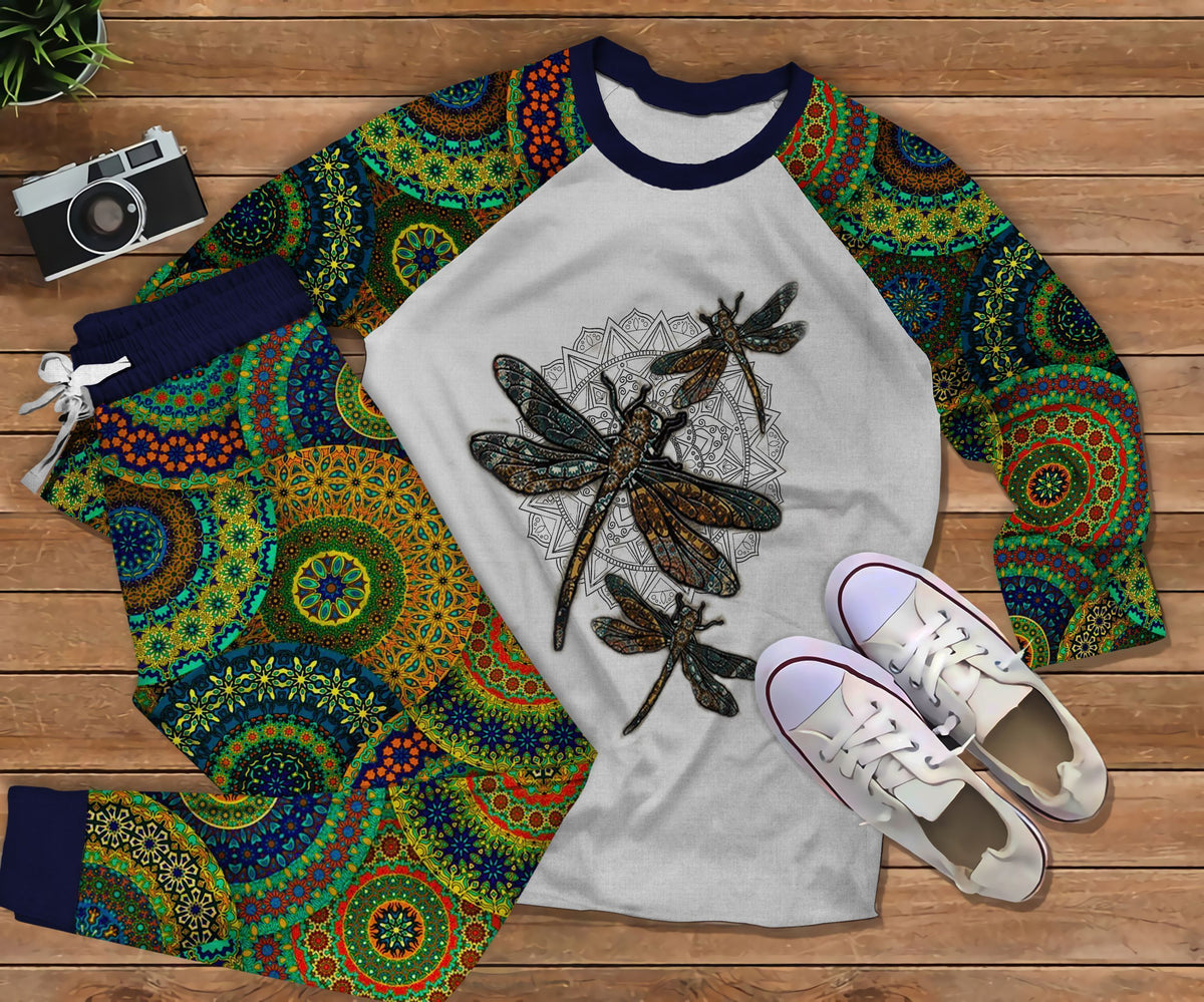 Dragonfly Mandala Pattern Pajama Set |Sleepwear Pjs Sets | Raglan Shirt Pants Set