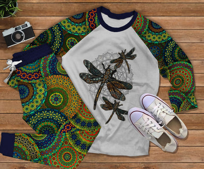 Dragonfly Mandala Pattern Pajama Set |Sleepwear Pjs Sets | Raglan Shirt Pants Set