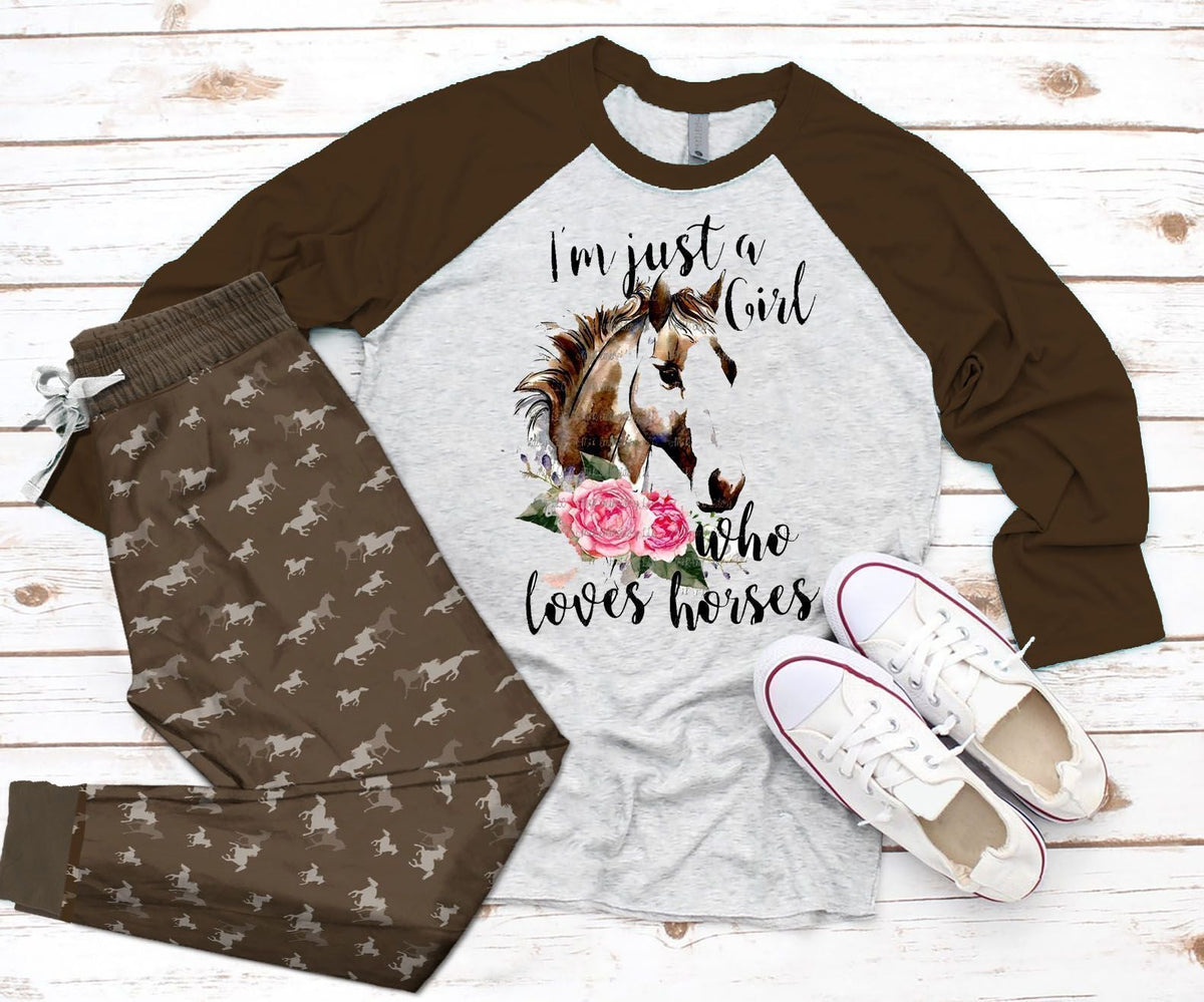 Horse Just A Girl Loves Horse Brown Nice Pajama Set |Sleepwear Pjs Sets | Raglan Shirt Pants Set