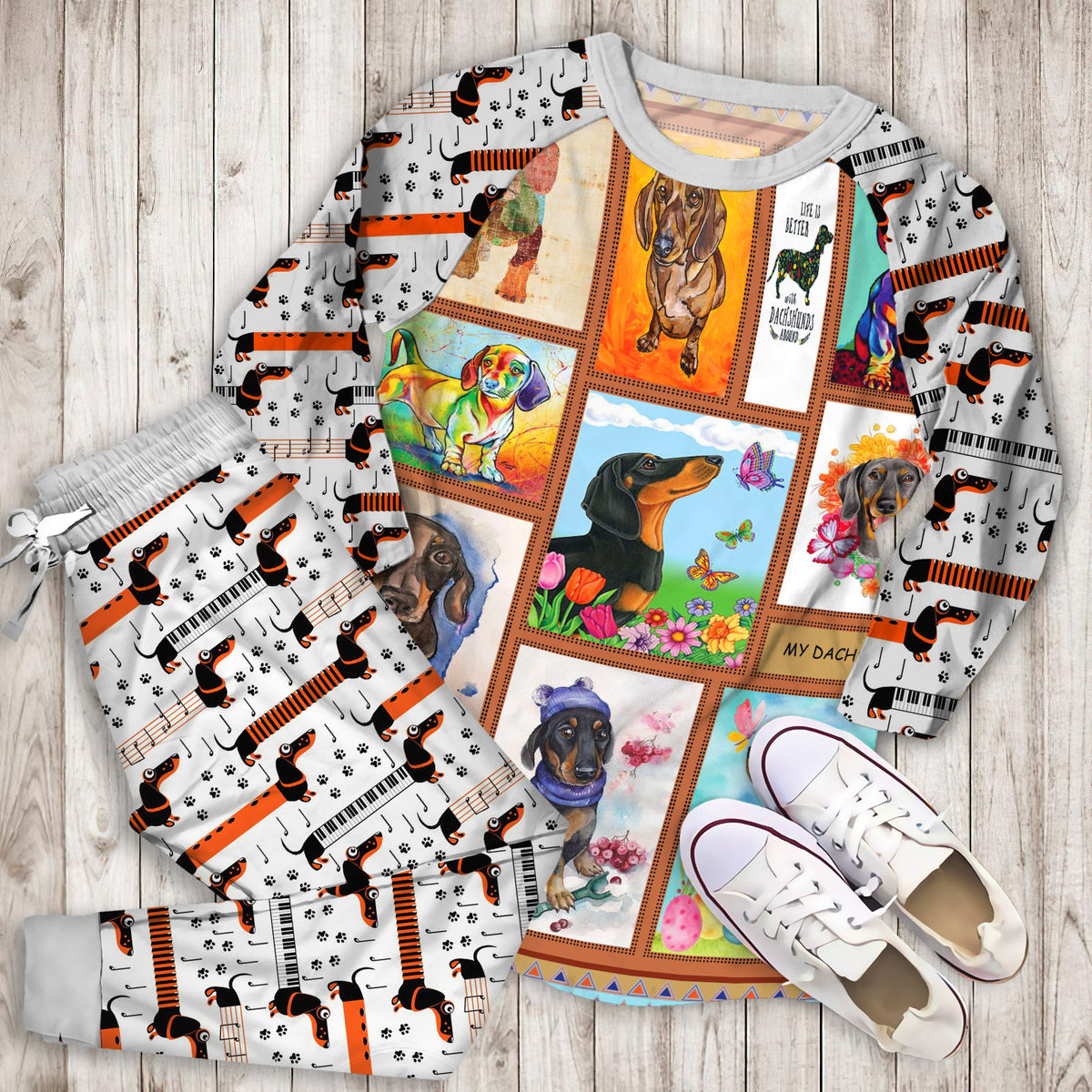 Dachshund Pajama Set |Sleepwear Pjs Sets | Raglan Shirt Pants Set