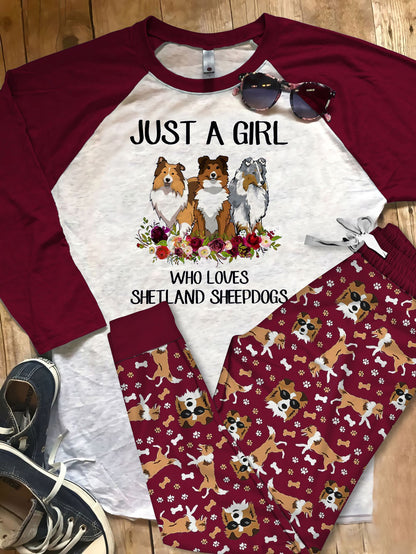 Shetland Sheepdog Just A Girl Red Unique Pajama Set |Sleepwear Pjs Sets | Raglan Shirt Pants Set