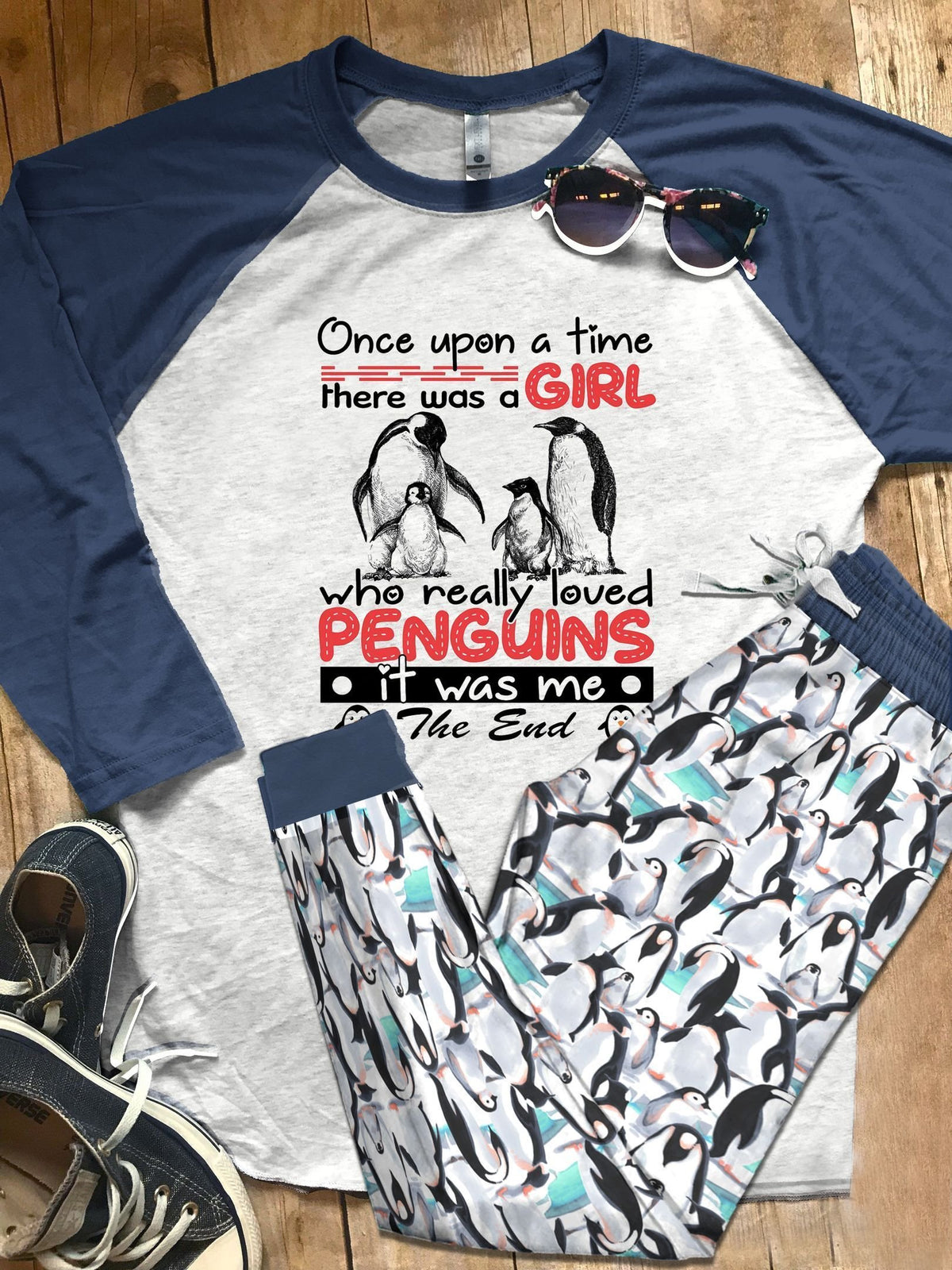 Penguin Set A Girl Who Loves Penguins Pajama Set |Sleepwear Pjs Sets | Raglan Shirt Pants Set