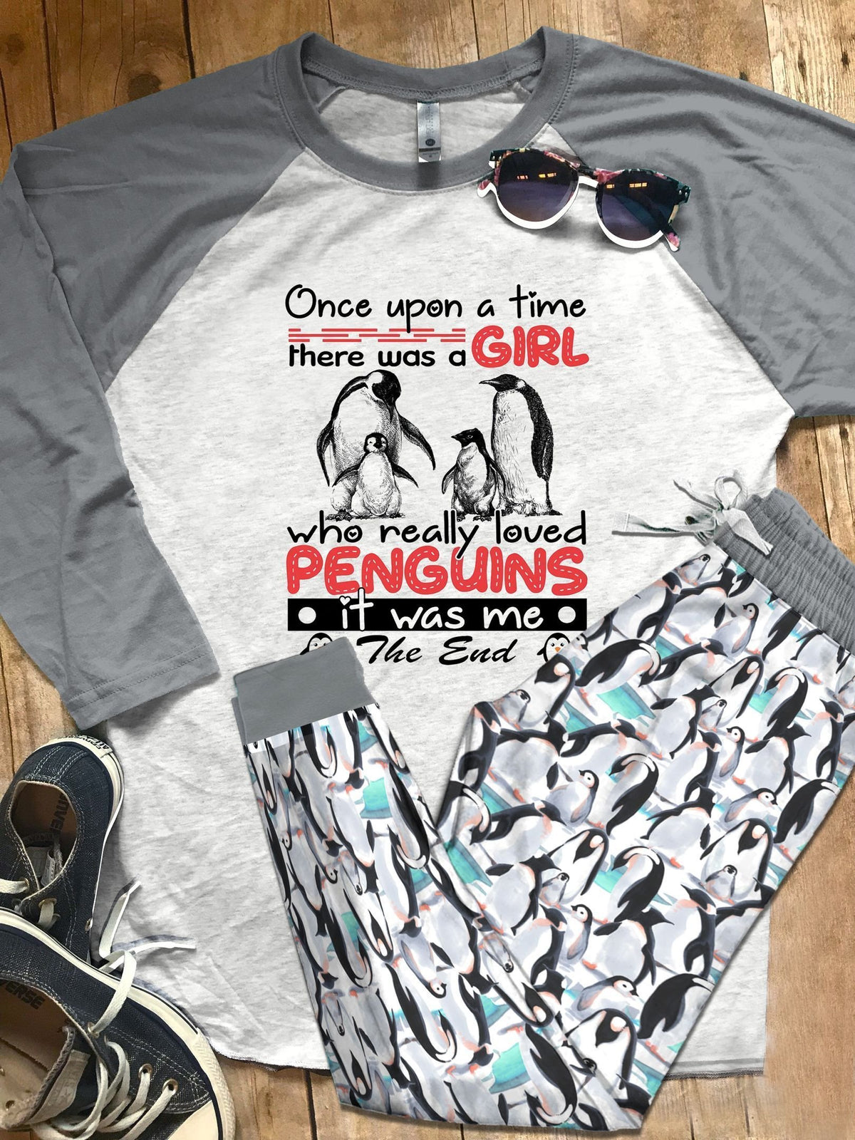 Penguin Set A Girl Who Loves Penguins Pajama Set |Sleepwear Pjs Sets | Raglan Shirt Pants Set