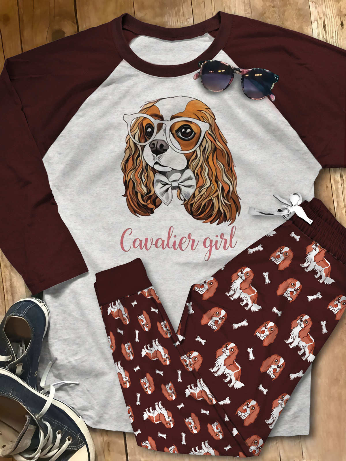 Cavalier King Charles Spaniel Cavalier Pink Awesome Pajama Set |Sleepwear Pjs Sets | Raglan Shirt Pants Set