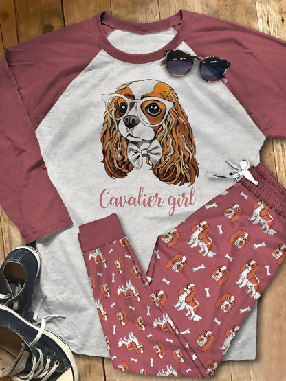 Cavalier King Charles Spaniel Cavalier Pink Awesome Pajama Set |Sleepwear Pjs Sets | Raglan Shirt Pants Set